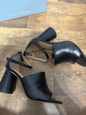 ANTONIO MELANI Bellmore Black Leather Ankle-Strap Open-Toe Heels